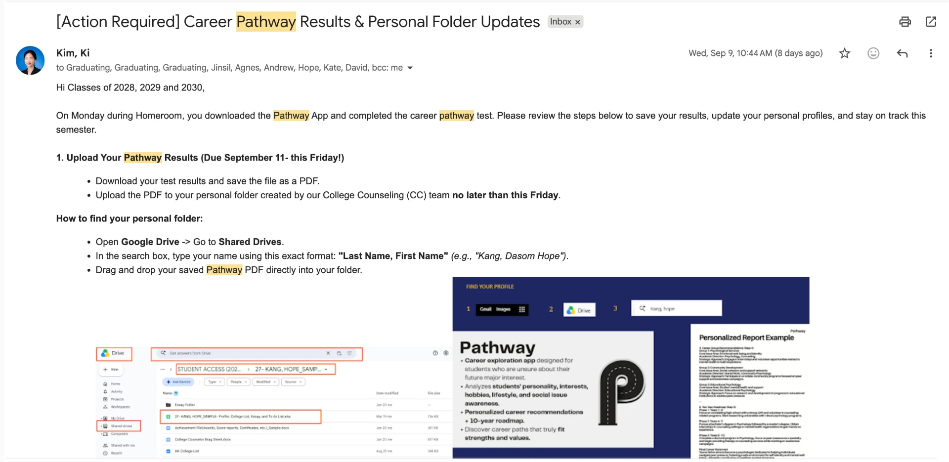 School email asking students to upload their PathWay results