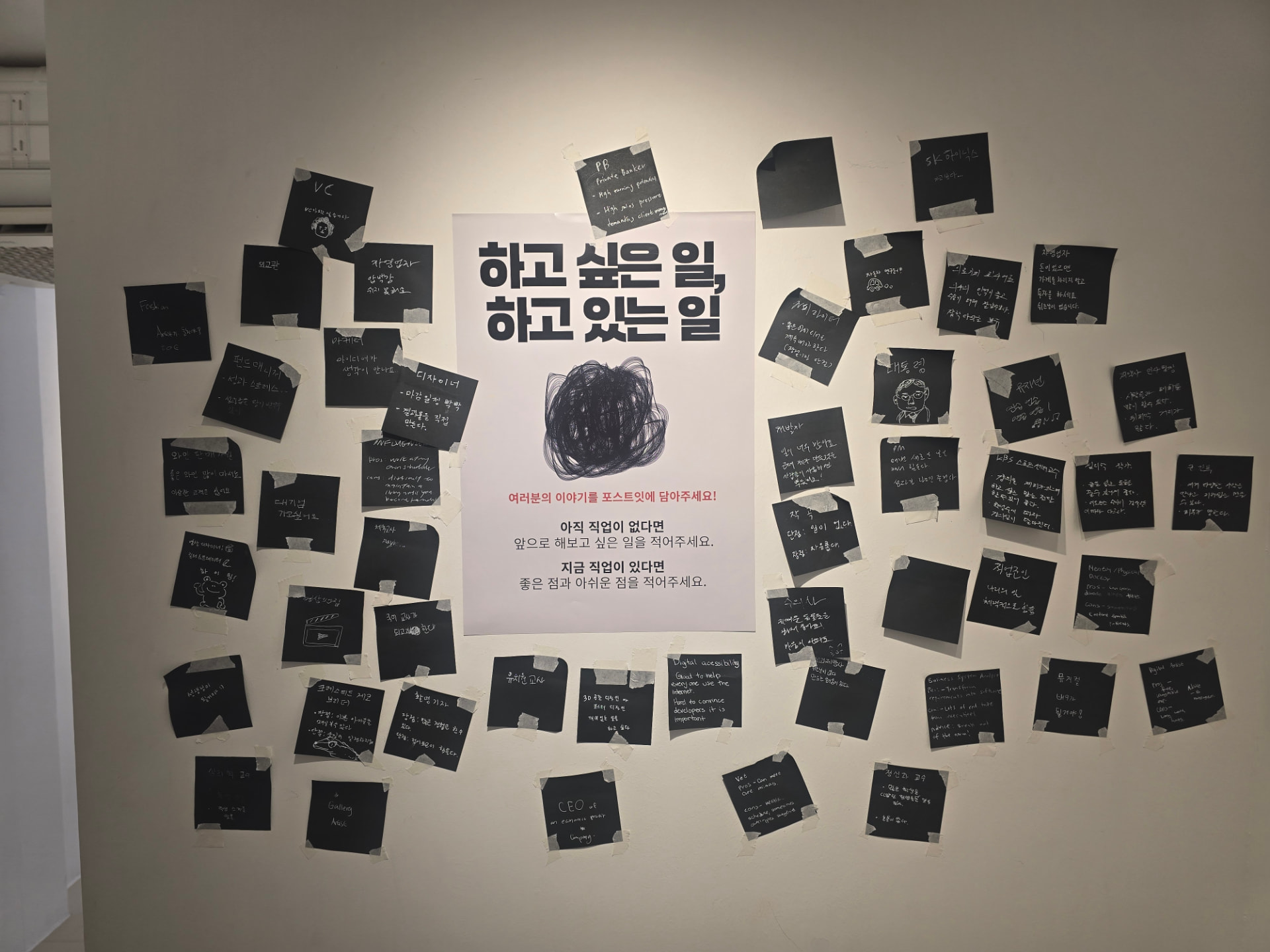 A wall covered in black sticky notes where people wrote the jobs they want or have, around a poster titled 'The work I want to do, the work I'm doing'